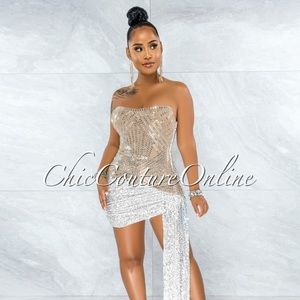 Perfect Nude White Sequins Rhinestones Strap Mini Dress